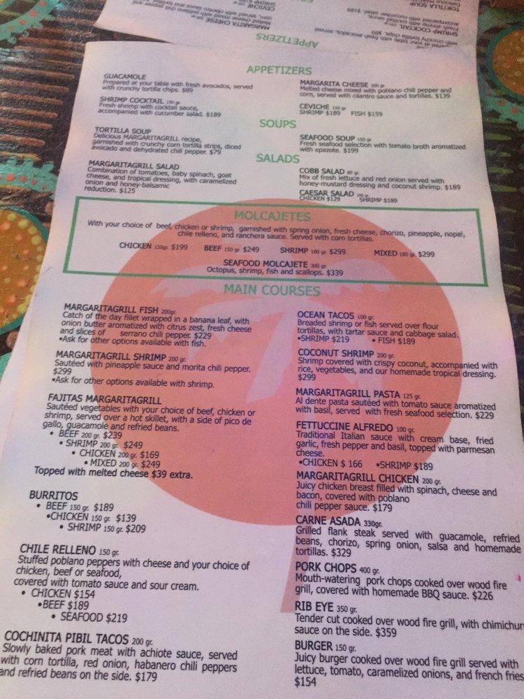 Menu at Margarita Grill restaurant, Puerto Vallarta