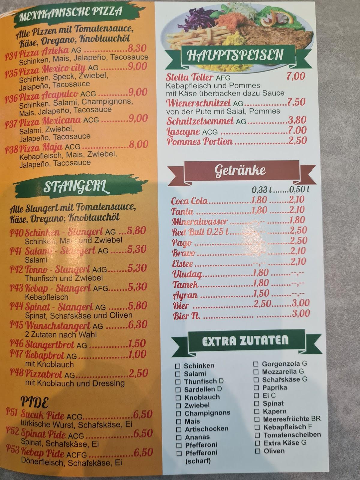 Speisekarte von Stella Kebap Pizza, Graz