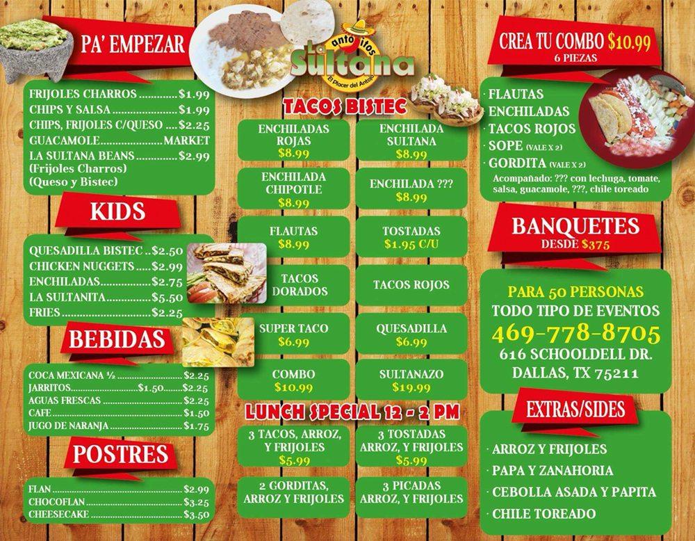 Menu at La Sultana Antojitos Mexicanos restaurant, Dallas