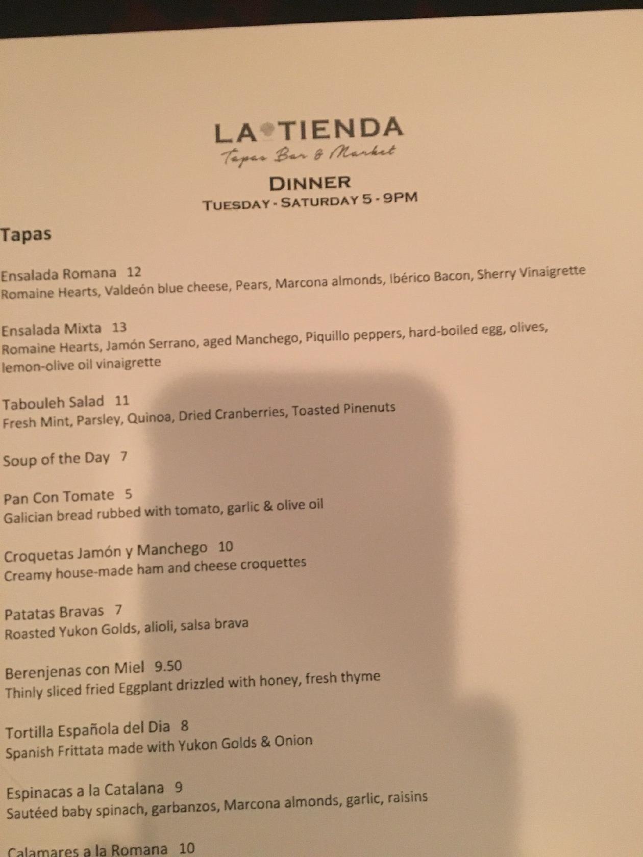 Menu at La Tienda Tapas Bar, Williamsburg