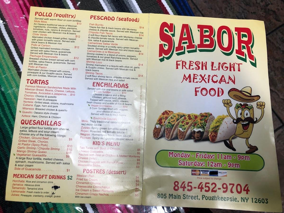 Menu at Sabor restaurant, Arlington
