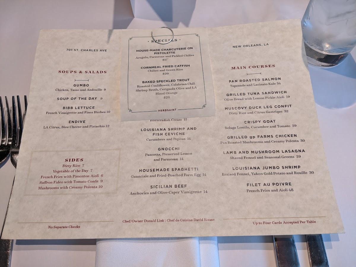 Menu at Herbsaint restaurant, New Orleans