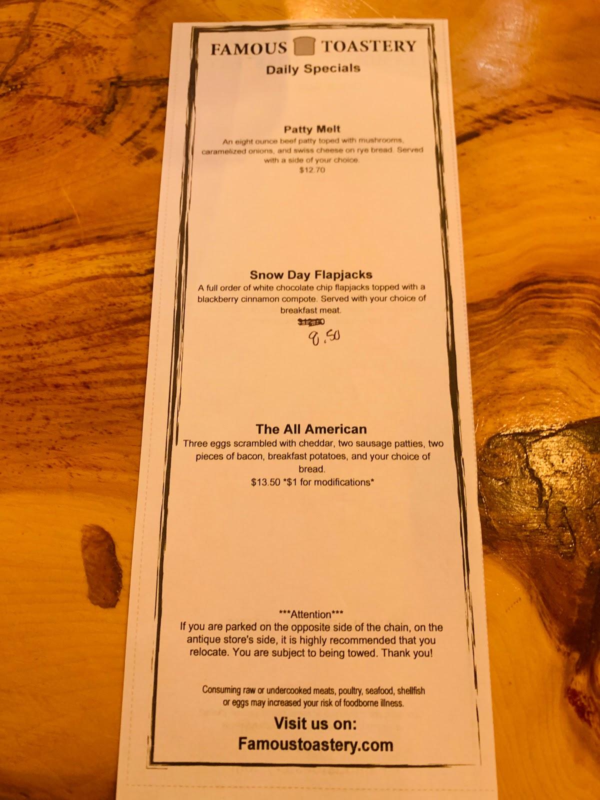 Menu at Famous Toastery Blowing Rock restaurant, Blowing Rock
