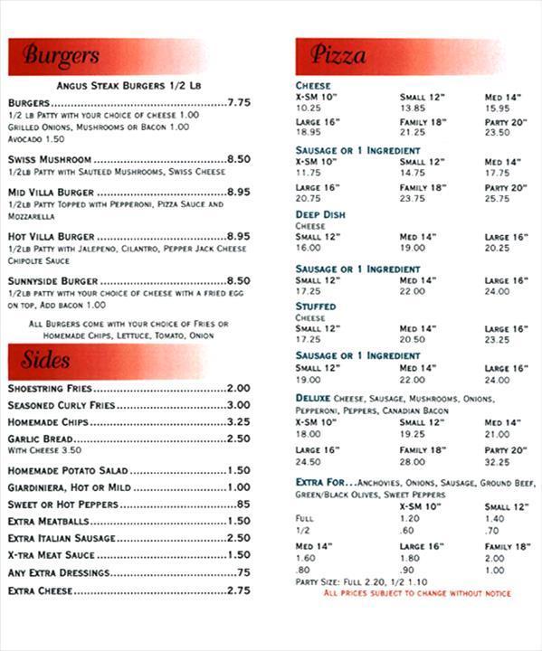 Menu at Mid Villa Pizza pizzeria, Palos Heights, S Harlem Ave