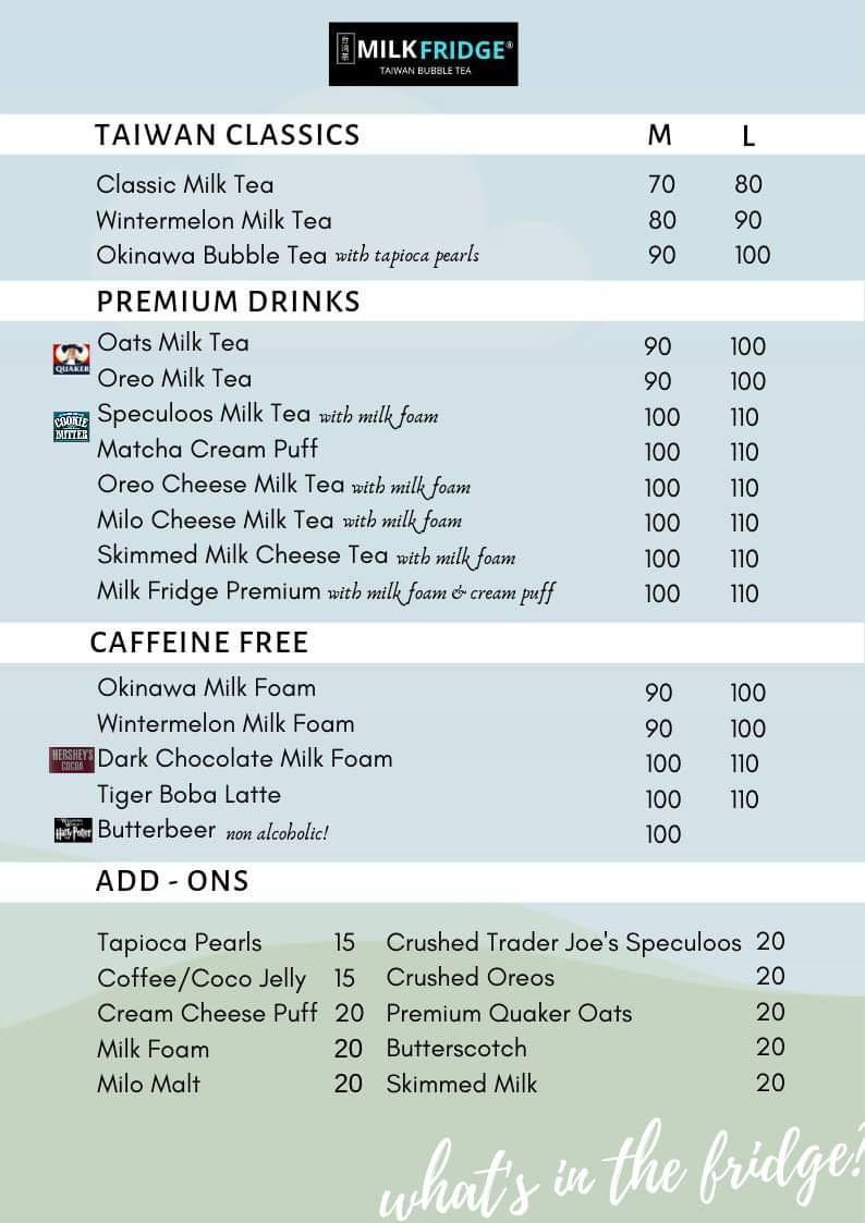 Menu at MILK FRIDGE TARLAC CITY, Tarlac City, KHS Bldg.