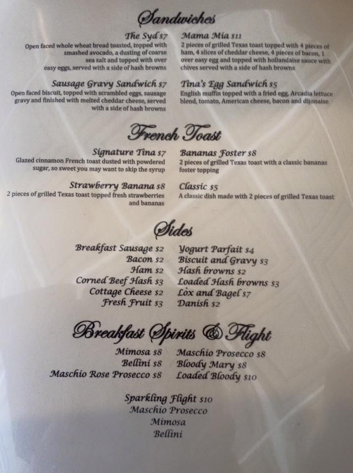 Menu at Tina G's restaurant, Mundelein