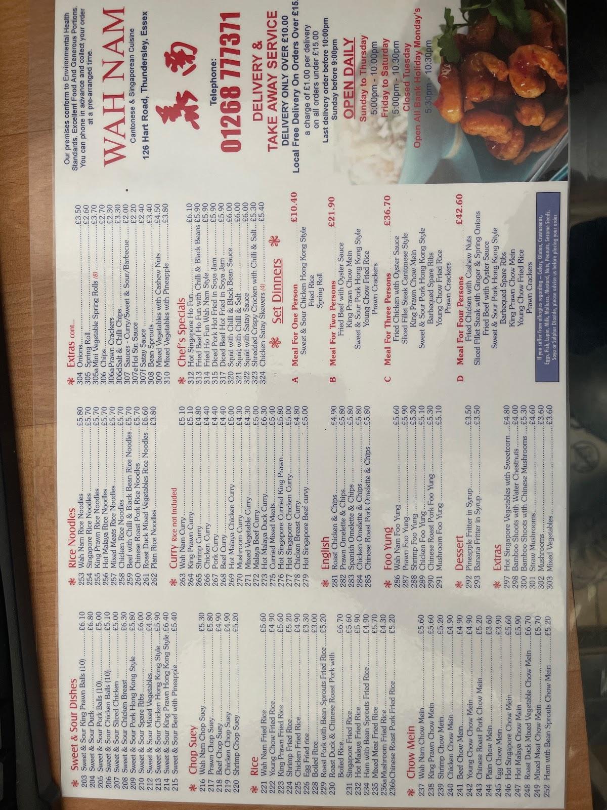 Menu at Wah Nam fast food, South Benfleet