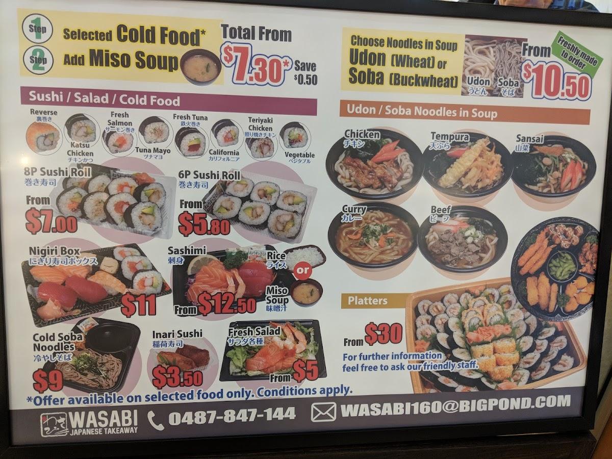 Menu at Wasabi Japanese Takeaway restaurant, Perth