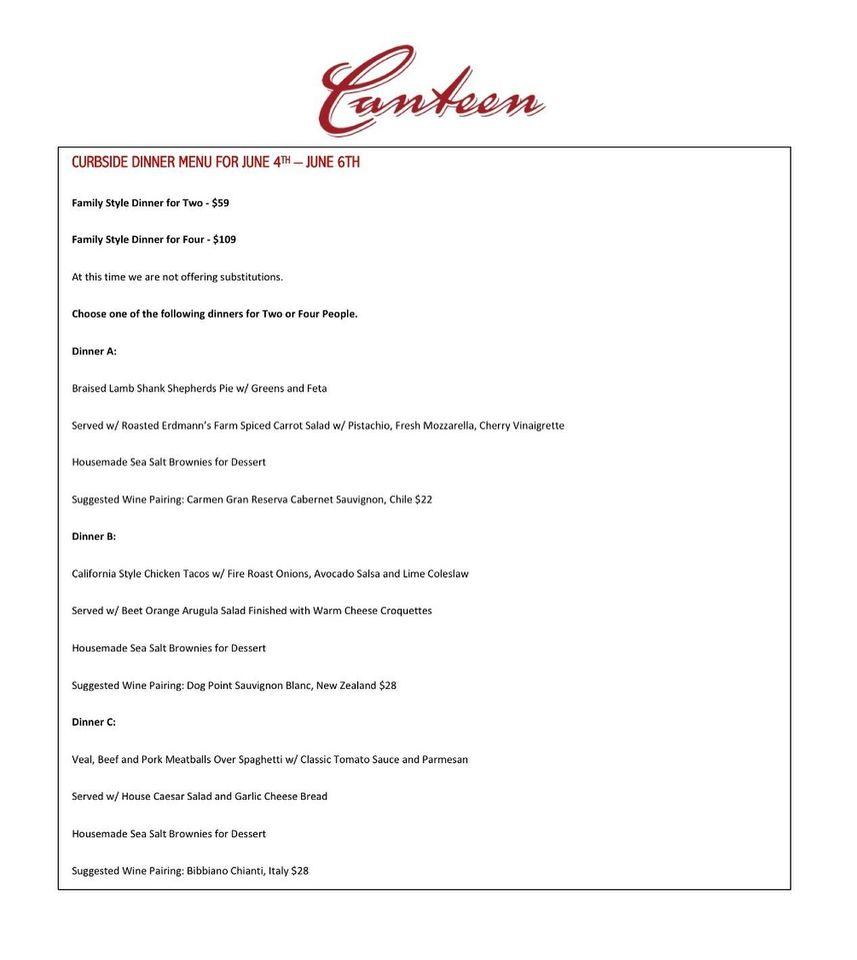 Menu at Canteen restaurant, Edmonton