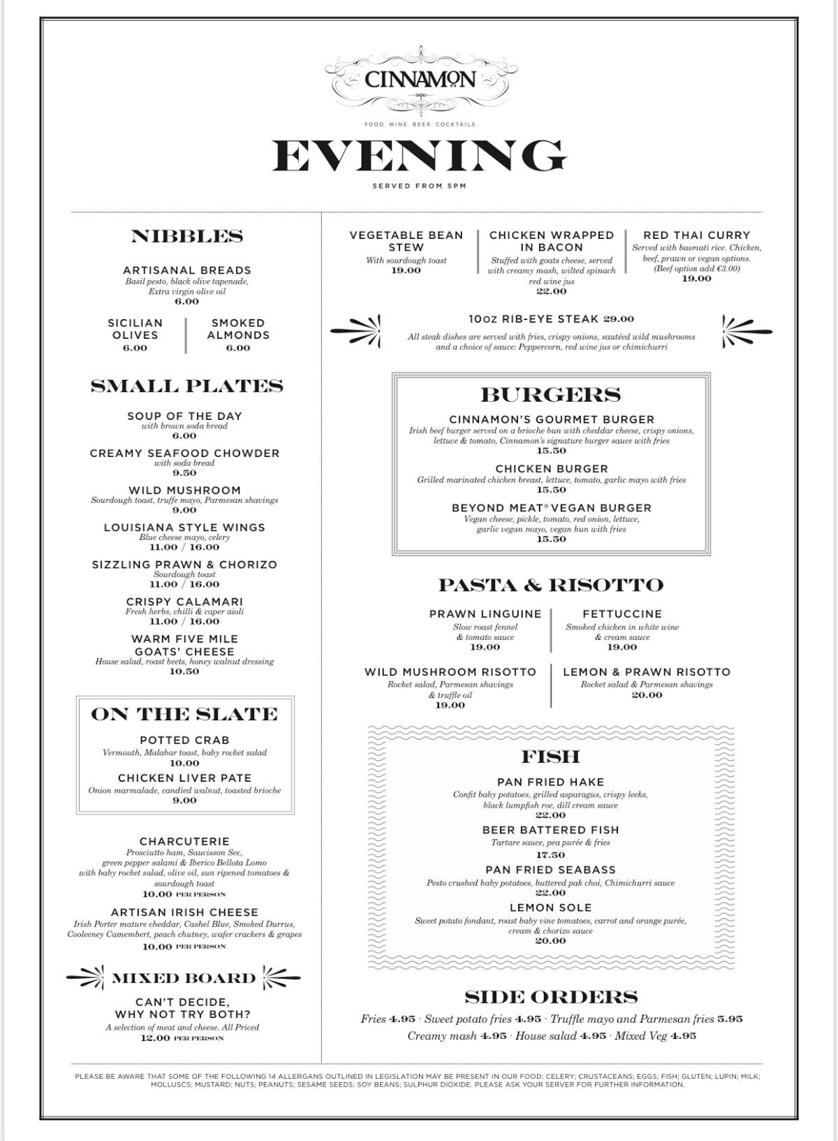 Carta del restaurante Cinnamon Ballsbridge, Dublin