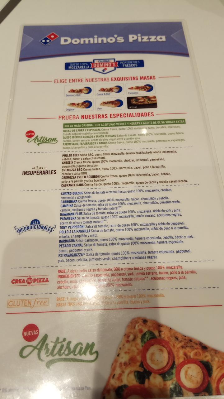 Carta de pizzería Domino's Pizza, Córdoba, Pl. de Colón