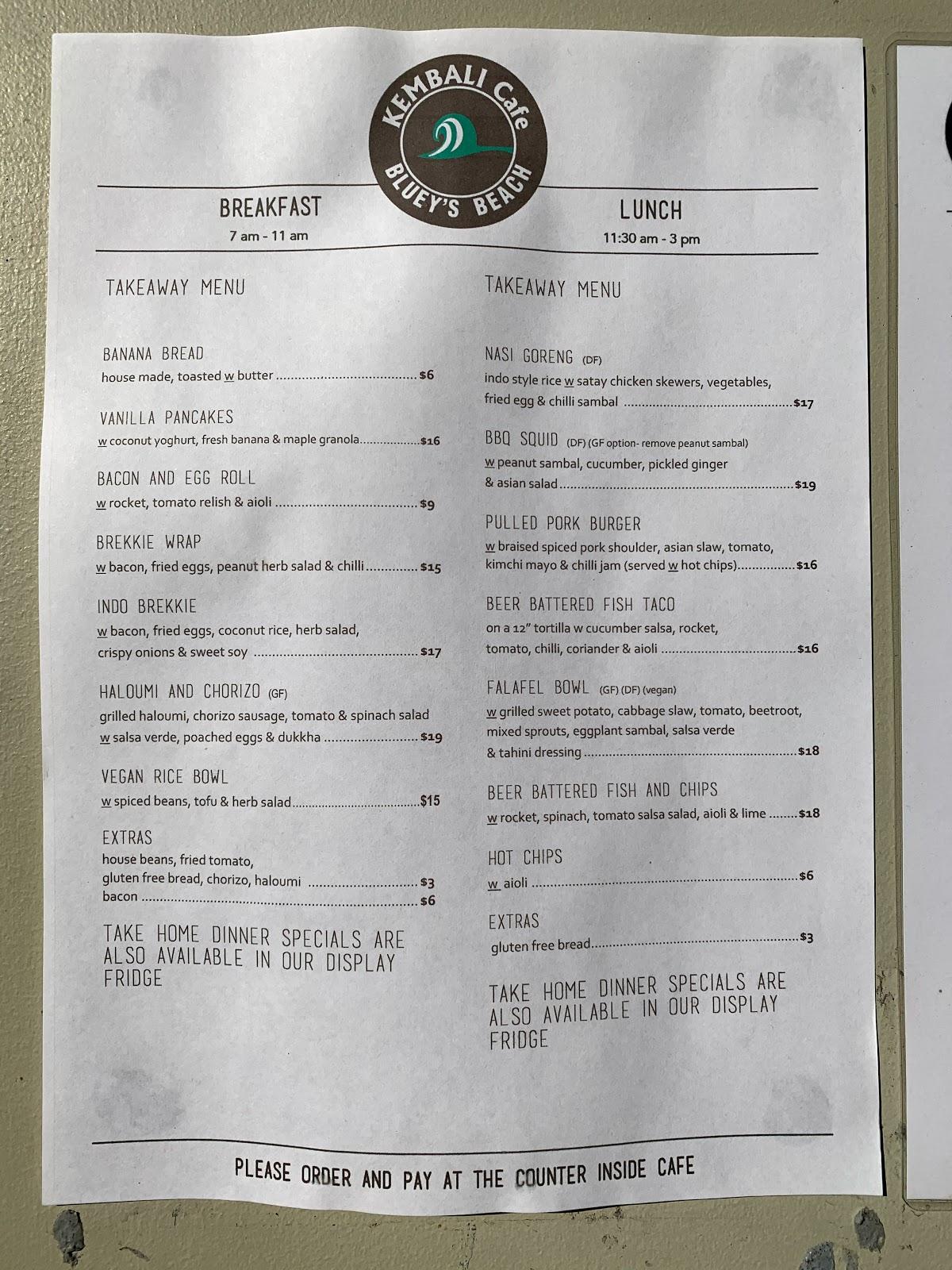 Menu at Kembali Cafe, Blueys Beach