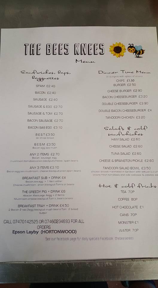 Menu at The Bees Knees, Telford