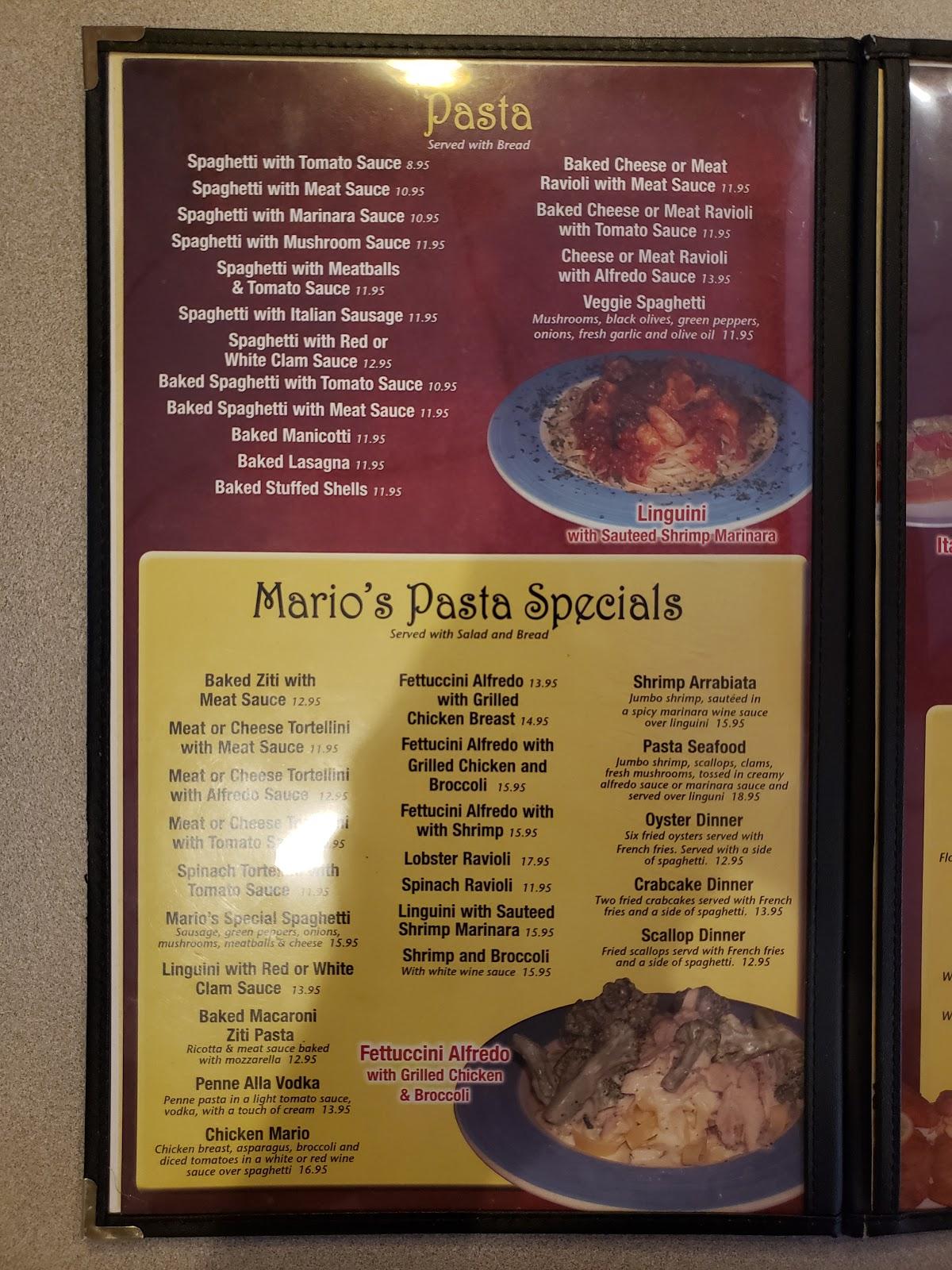 Menu at Mario's Italian pizzeria, Ashland