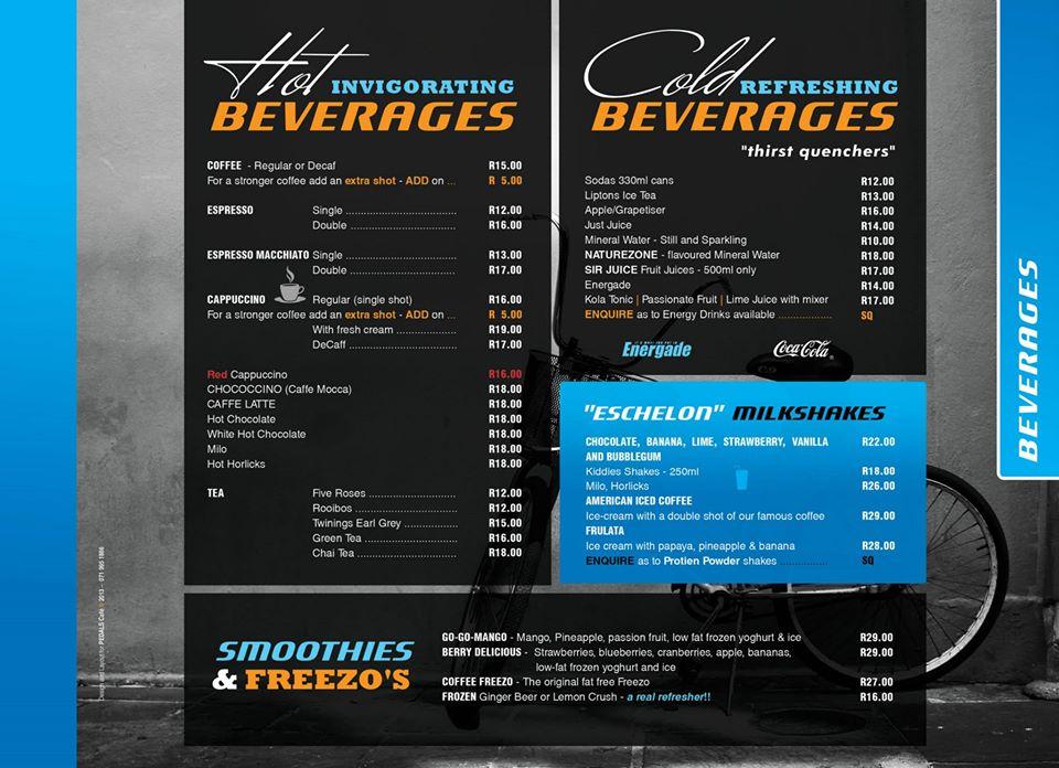 Menu at Pedals Cafe, Randburg, 30 Sparrow Dr