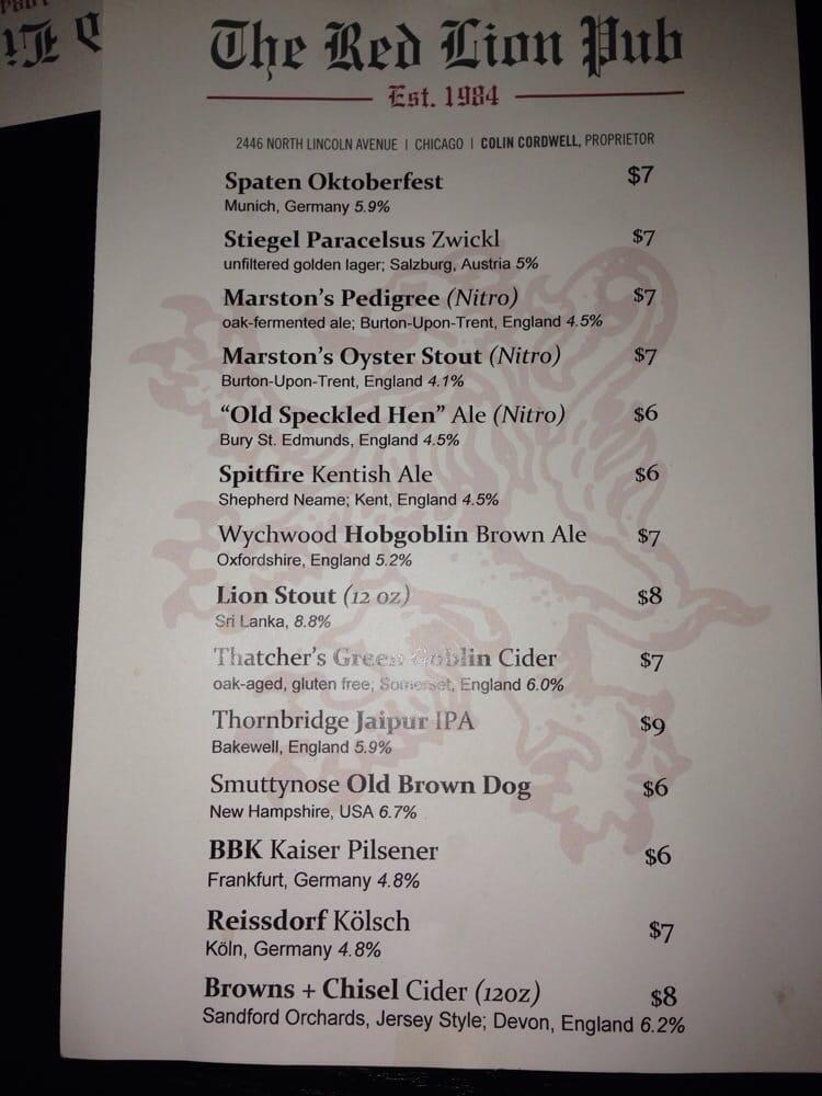 Menu at The Red Lion Pub, Chicago