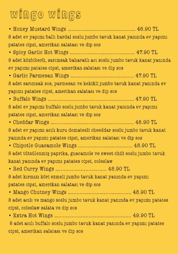 Menu at Wingo, Istanbul