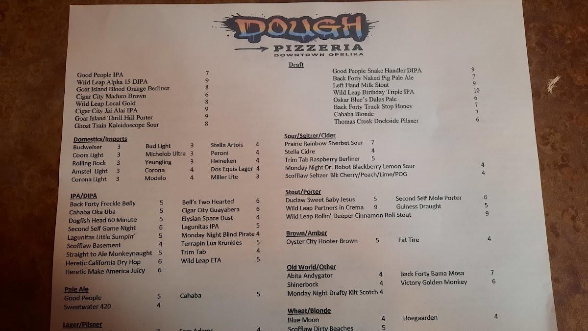 Menu at Dough Pizzeria, Opelika