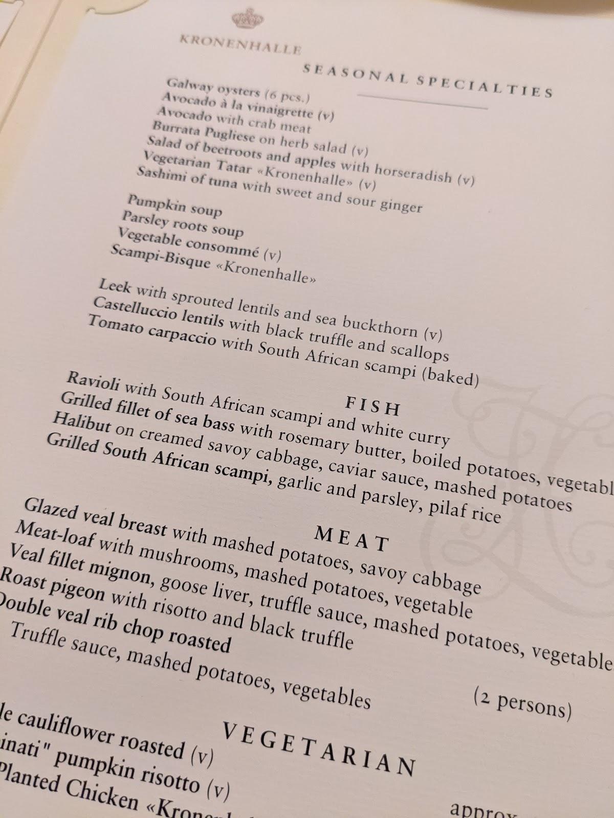 Menu at Kronenhalle, Zürich, Rämistrasse 4