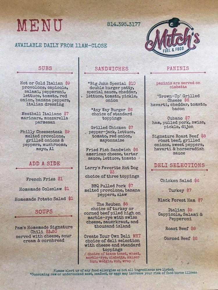 Menu at Mitch's Fuel & Food cafe, Confluence