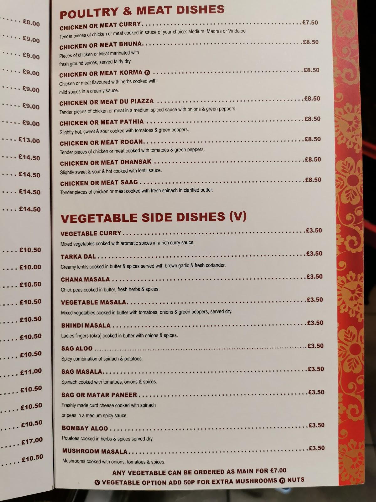 Menu at Ashoka Tandoori restaurant, Bridgend