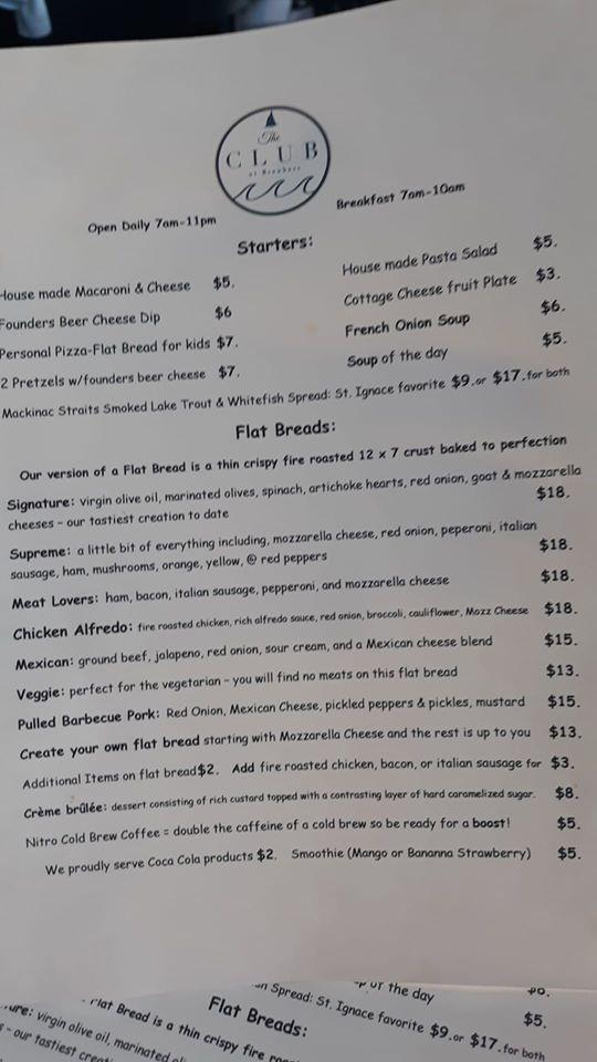 Menu at Breakers Resort and Beach Bar, Saint Ignace