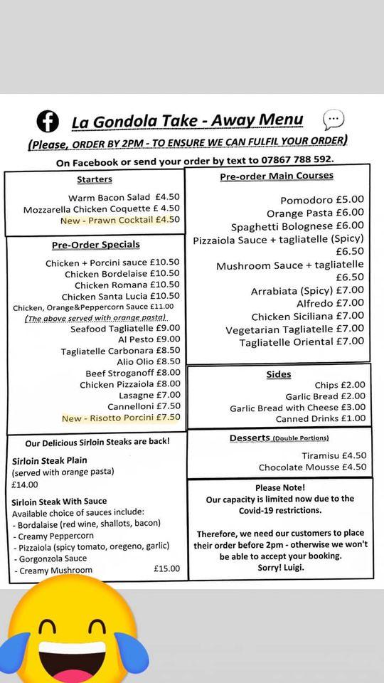 Menu at La Gondola restaurant, Omagh