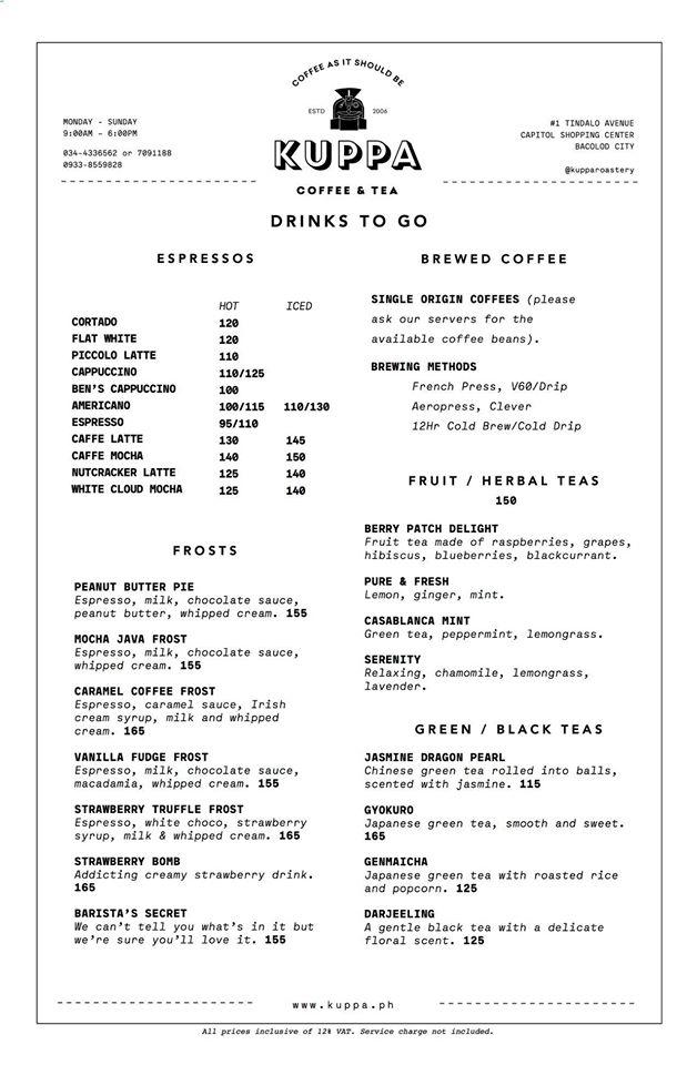 Menu at Kuppa Coffee & Tea cafe, Bacolod, Capitol Shopping Center