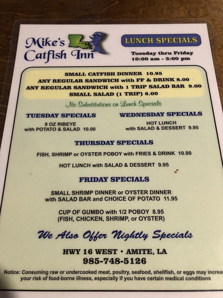Menu at Mike's Catfish Inn restaurant, Amite City