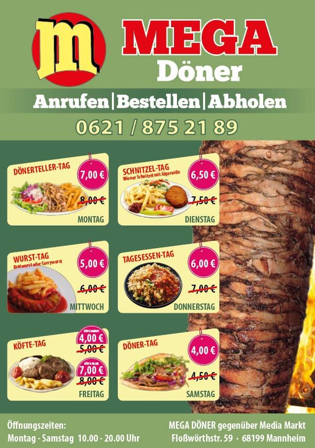 Menu at Mega Döner restaurant, Mannheim, Floßwörthstraße 59