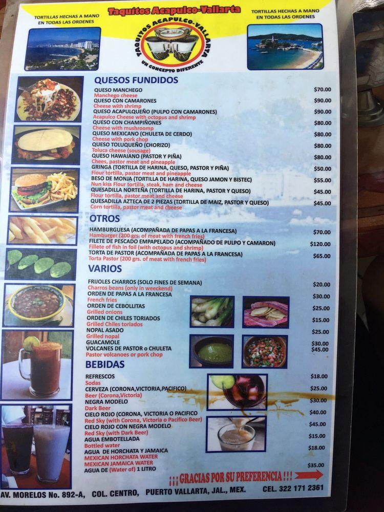 Menu at Taquitos AcapulcoVallarta restaurant, Puerto Vallarta, Morelos