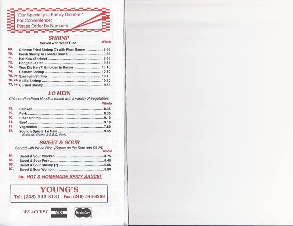 Menu at Young's Chinese Food Carryout restaurant, Royal Oak