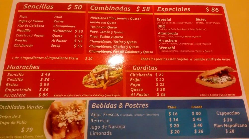 Carta de comida rápida Wensabi Quesadillas Gigantes, Tlalnepantla