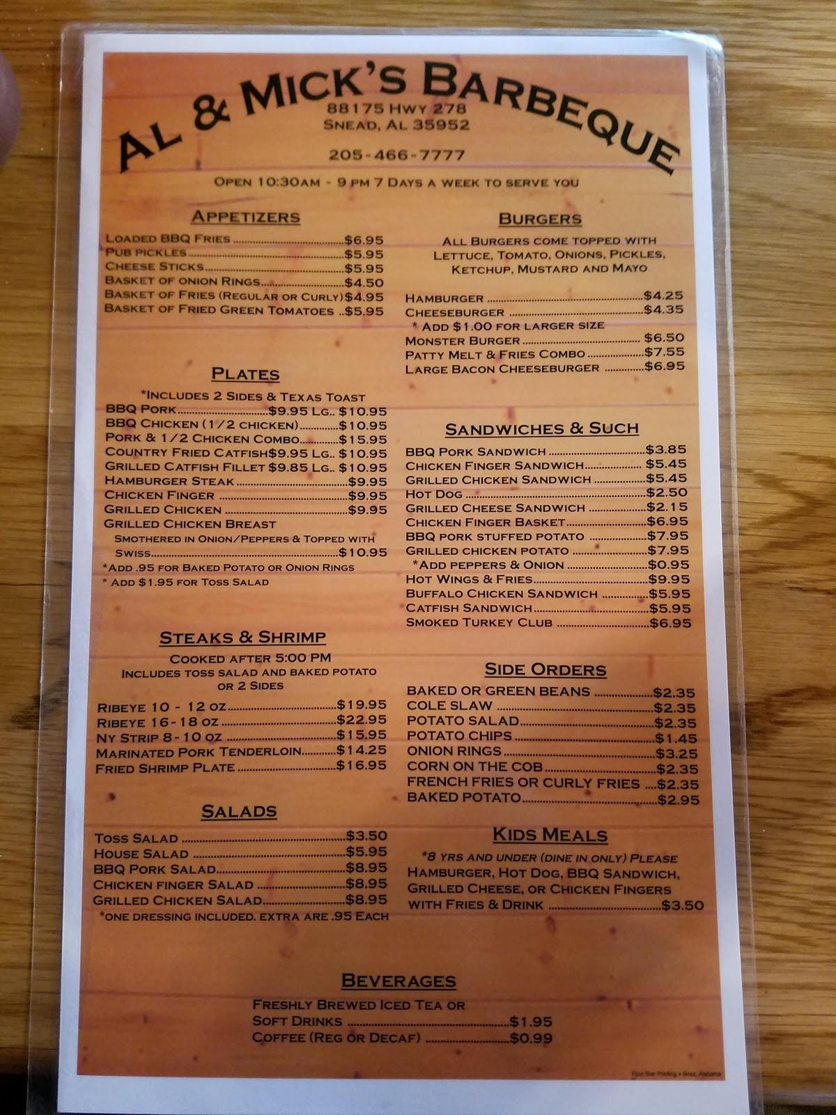 Menu at Al & Mick's Barbeque, Snead