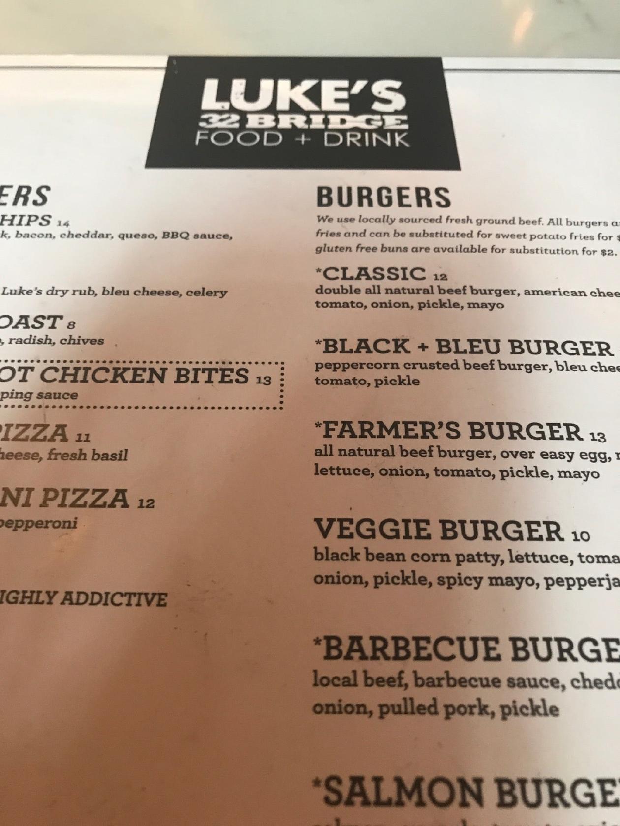 Menu at Luke's 32 Bridge restaurant, Nashville