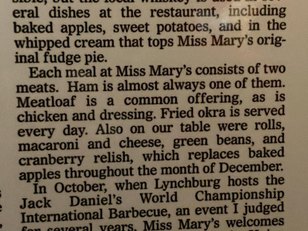 Menu at Miss Mary Bobo's Restaurant, Lynchburg