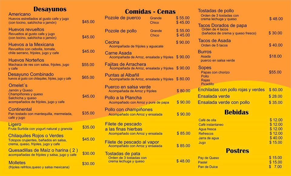 Menu at La Comedia restaurant, Durango