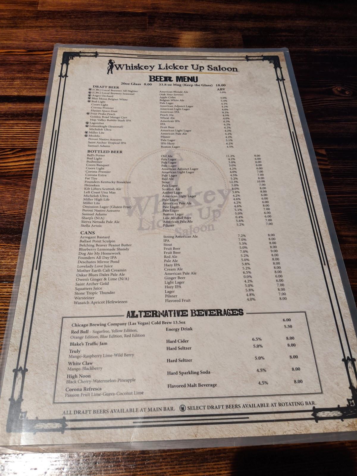 Menu at Whiskey Licker Up at Binion's pub & bar, Las Vegas