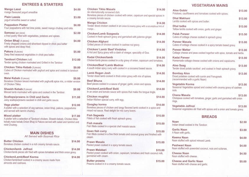 Menu at Indian And Nepalese Kitchen restaurant, Oamaru