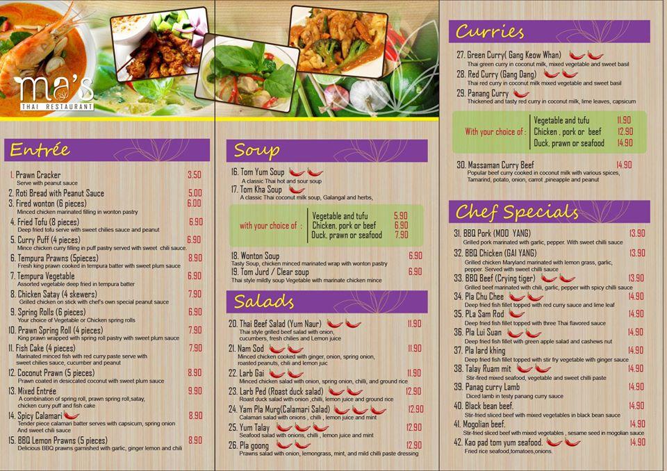 Menu at Ma's Thai Restaurant, Sunbury