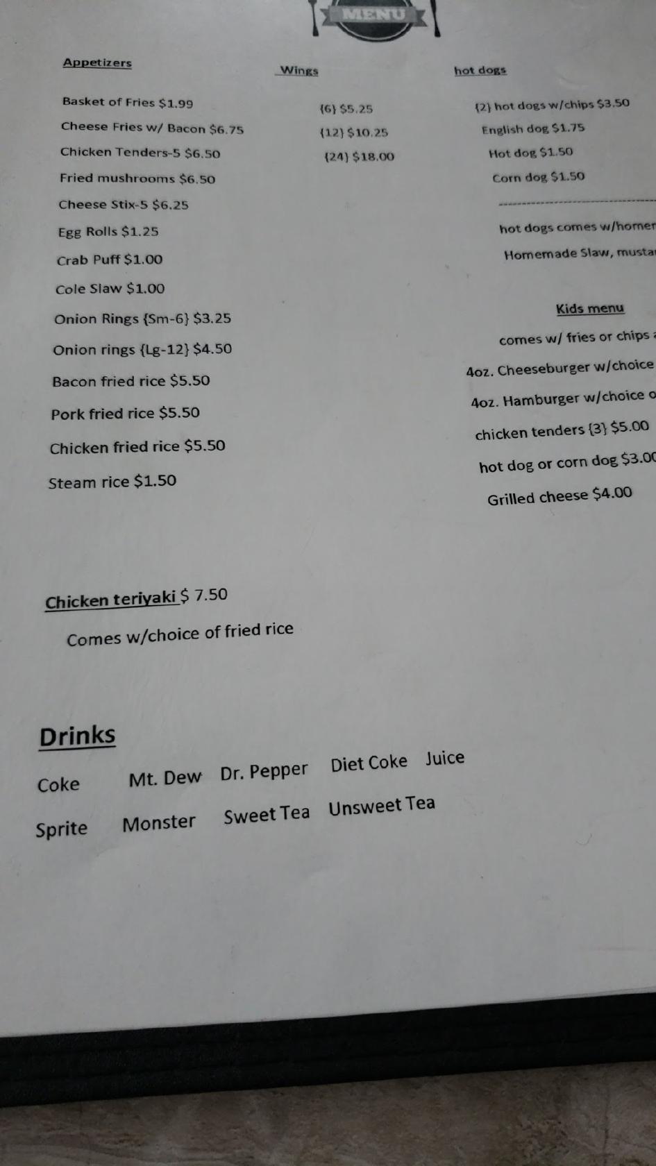 Menu at Shima's Family Restaurant, Nitro, 10 Bank St