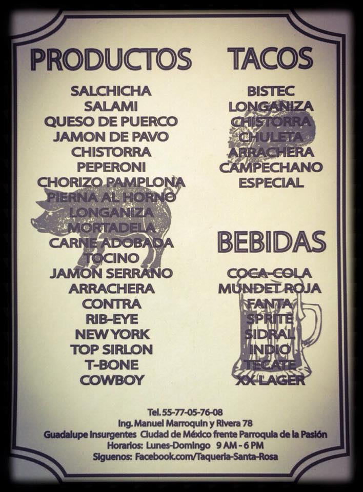 Menu at Taqueria Santa Rosa restaurant, Mexico City