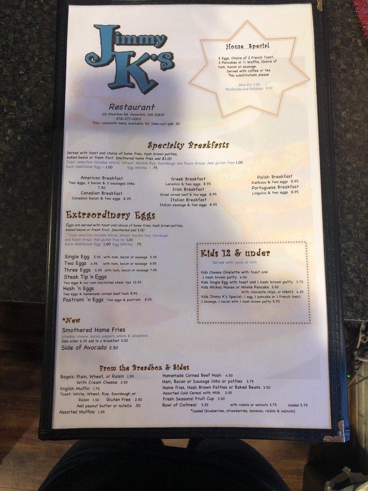 Menu at Jimmy K's Diner restaurant, Haverhill, 83 Plaistow Rd