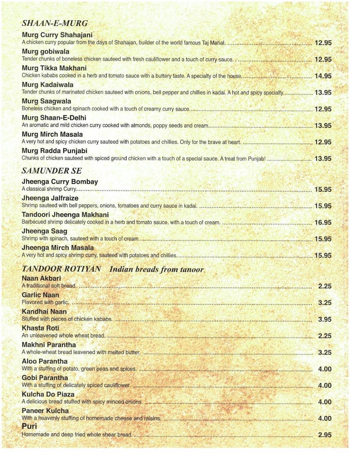 Carta de Bombay Restaurant and Buffet, Gallup, W Historic Hwy 66