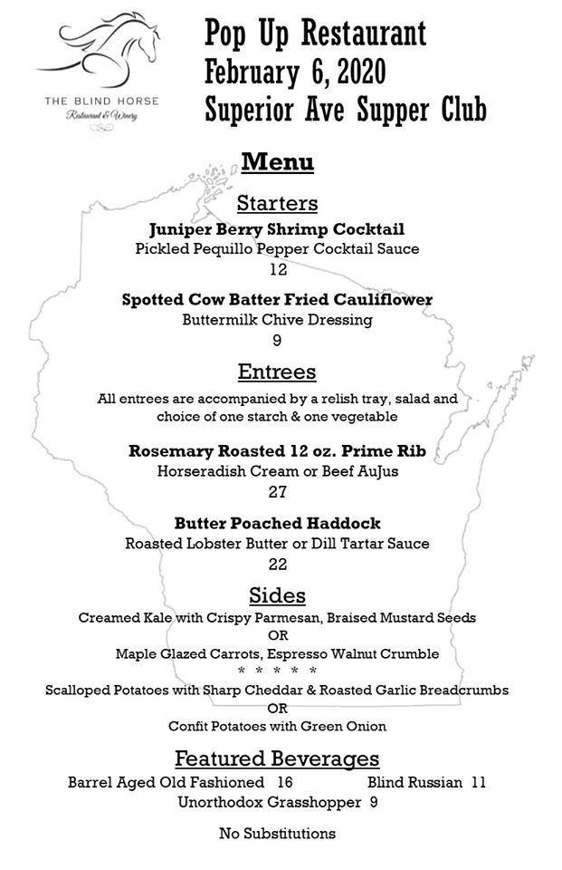 Menu at The Blind Horse Restaurant & Winery, Kohler