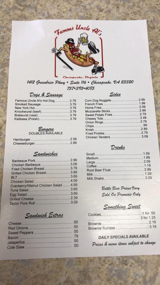 Menu at Famous Uncle Al's fast food, Chesapeake, Greenbrier Pkwy Suite 116