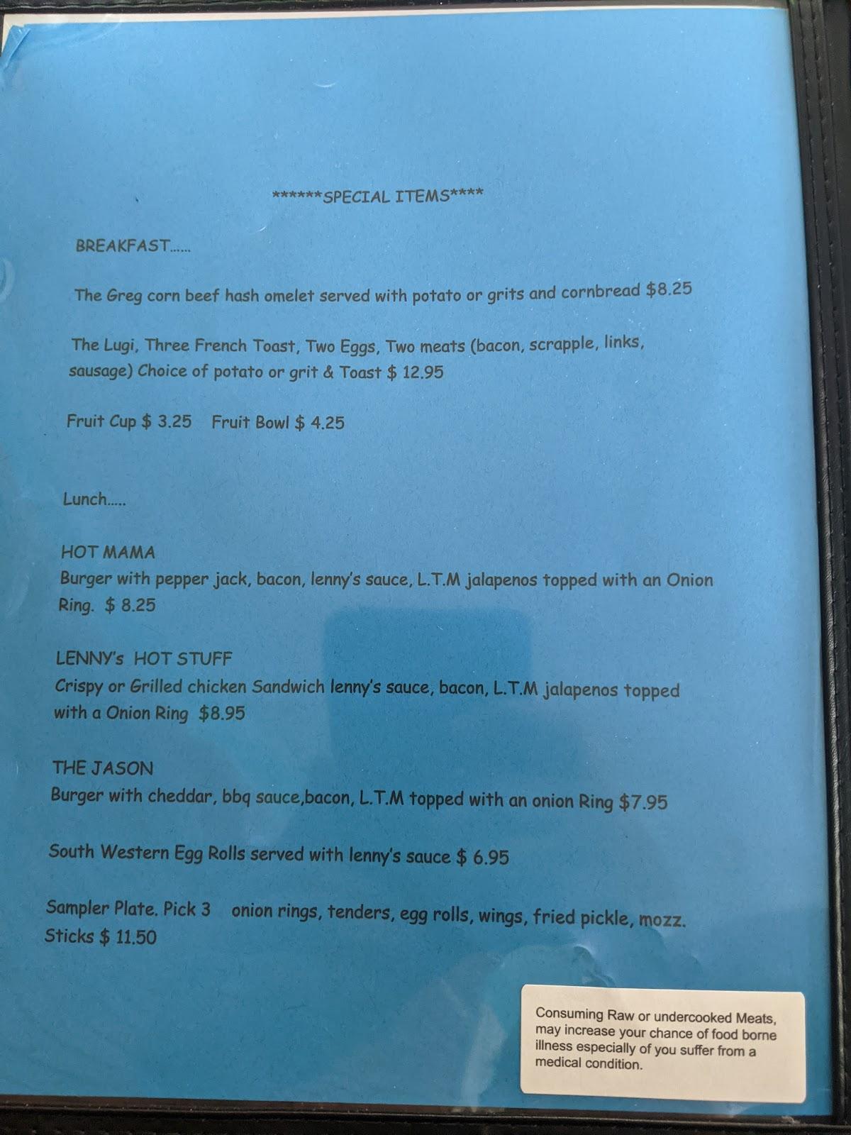 Menu at Lenny's Restaurant, Colonial Beach