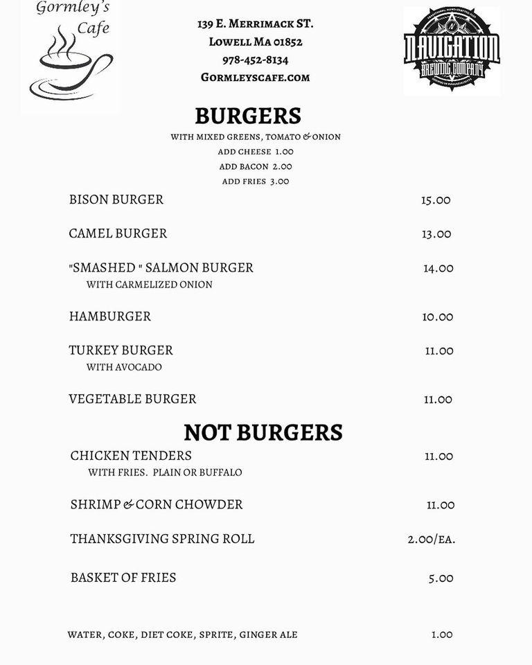 Menu at Gormley's Cafe, Lowell