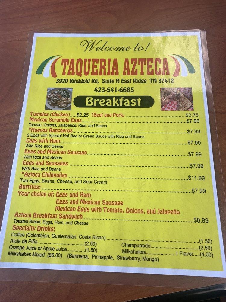 Menu at Taqueria Azteca restaurant, East Ridge