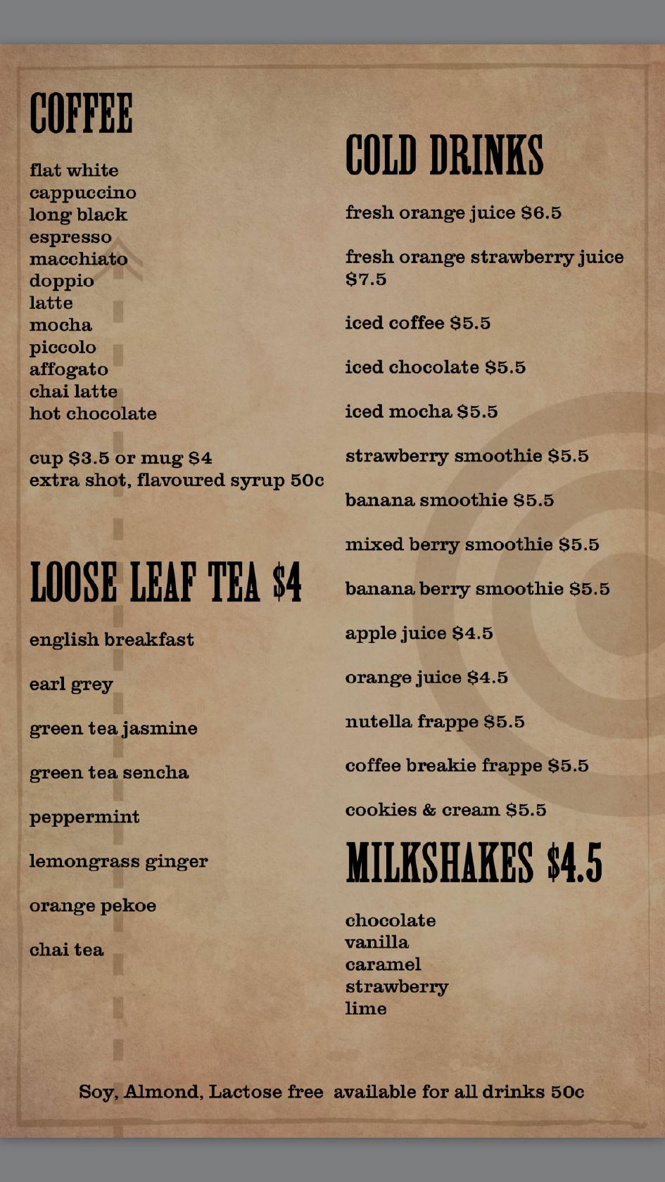 Menu at The Mill House Cafe, Queanbeyan